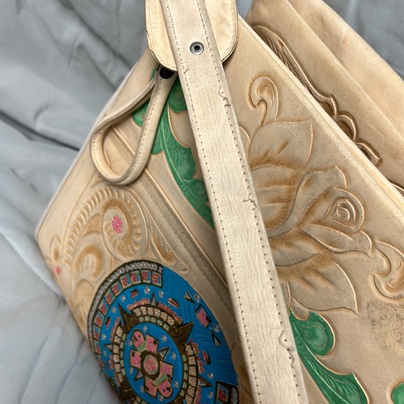 Vintage Leather Hand Tooled RARE Purse 1960s Mexico Ivory Yellow Mayan Roses - Picture 11 of 16